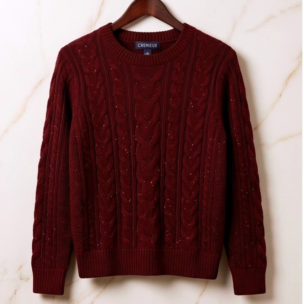 CREMIEUX L Women's Burgundy Cable Knit Sequined Y2K Vintage Sweater NWT $79